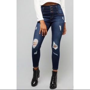 Dark washed distressed jeans rolled hem jeans